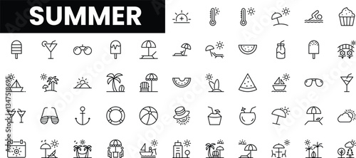 A collection of minimalistic summer icons representing seasonal fun and activities.