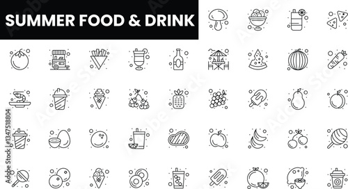 An assortment of summer food and drink icons, perfect for seasonal designs.