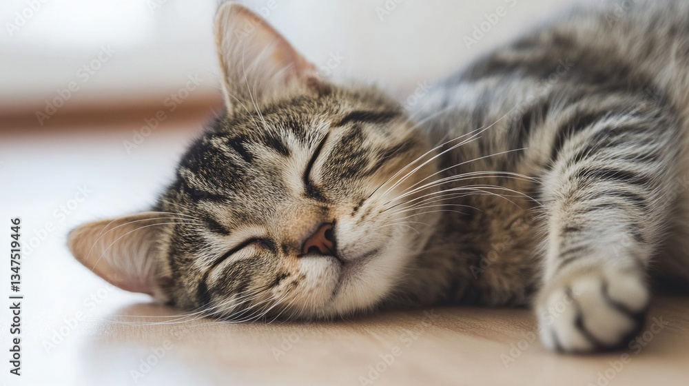 National Pet Day, Adorable Tabby Cat Sleeping Peacefully on Wooden Floor Close Up Pet Portrait National Pet Day, Adorable Tabby Cat Sleeping Peacefully on Wooden Floor Close Up Pet Portrait