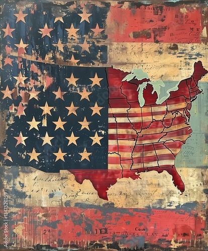 A rustic American flag with a U.S. map overlay, featuring distressed textures and vintage elements. The stars and stripes blend into a bold, patriotic artistic composition.