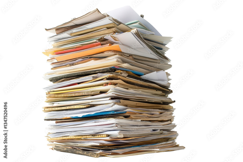 A towering stack of forgotten memories, a chaotic monument to paperwork past, against a stark white backdrop. A towering stack of forgotten memories, a chaotic monument to paperwork past, against a stark white backdrop.