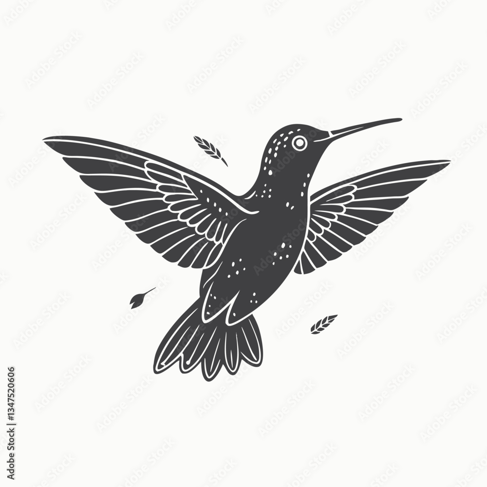 Fototapeta premium Black silhouette Minimalist black and white silhouette of a hummingbird in flight. Hand drawn animal silhouette illustration