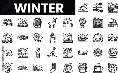 Winter-themed line art icons featuring snowflakes, animals, and cozy activities.