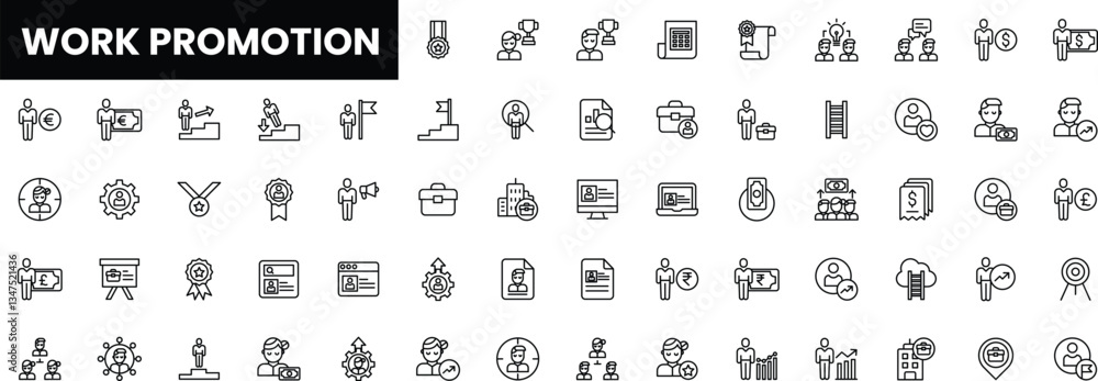 Illustration of diverse icons representing work promotion and career growth. Illustration of diverse icons representing work promotion and career growth.