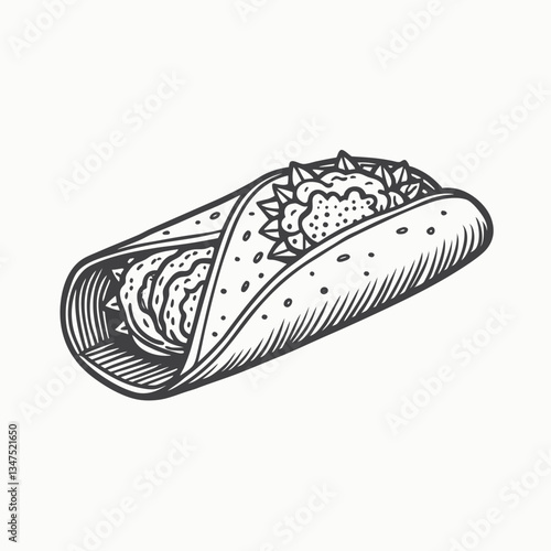 Tortilla wrap outline illustration. Tasty wrap with tomatoes, pieces of pepper, meat and lettuce leaves isolated on white Background