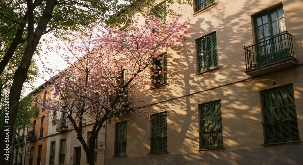 Fototapeta premium Low-Angle Sunlit Apartment Building in Burgos, Spain