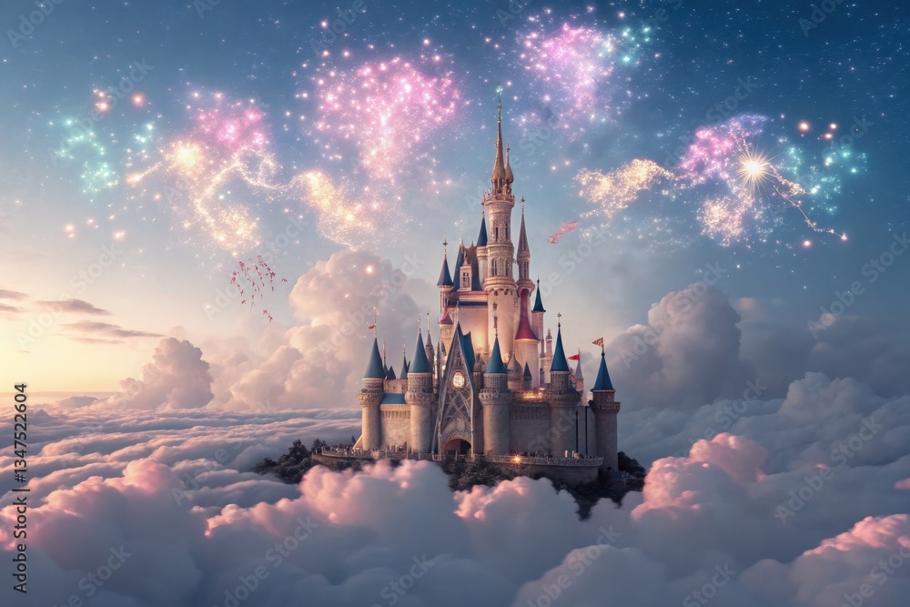Naklejka premium Magical Castle Surrounded by Fireworks in the Evening Sky Generative AI