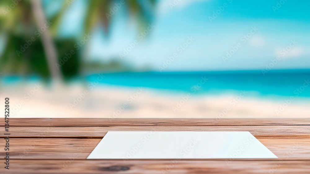 A wooden table with a blank rectangular placemat is set against a tropical blurred beach background featuring palm trees and ocean views suggesting a vacation dining scene A wooden table with a blank rectangular placemat is set against a tropical blurred beach background featuring palm trees and ocean views suggesting a vacation dining scene