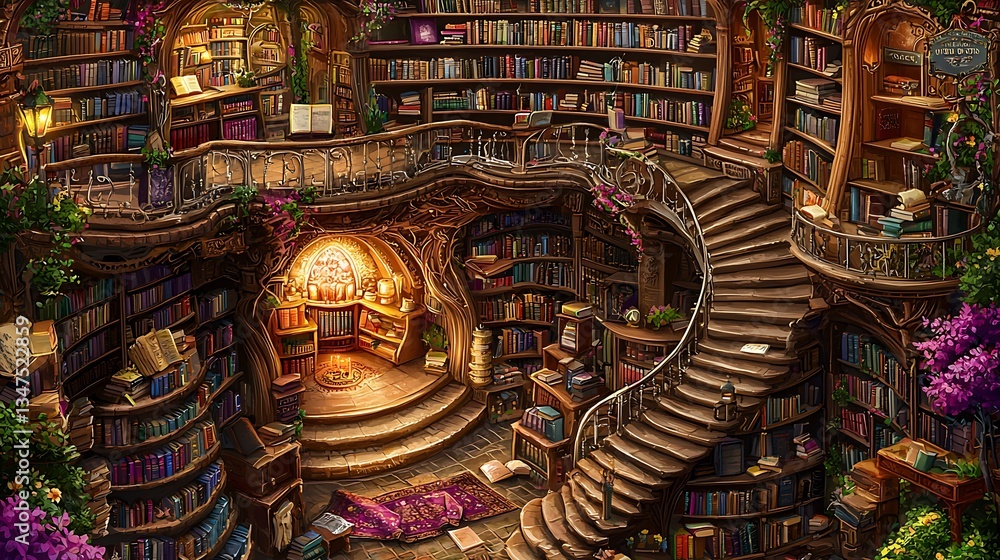 Fototapeta premium Enchanted, winding library with bookshelves, spiral staircase, and warm light