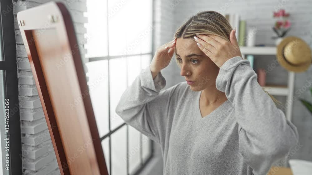 Woman examining face in mirror with calm expression, dressed casually in home interior with natural light, suggesting beauty and daily routine in peaceful environment. Woman examining face in mirror with calm expression, dressed casually in home interior with natural light, suggesting beauty and daily routine in peaceful environment.