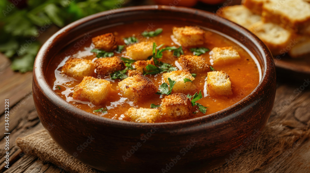Warm pumpkin soup with croutons in cozy bowl, seasonal autumn meal on rustic table, comforting homemade dish Warm pumpkin soup with croutons in cozy bowl, seasonal autumn meal on rustic table, comforting homemade dish