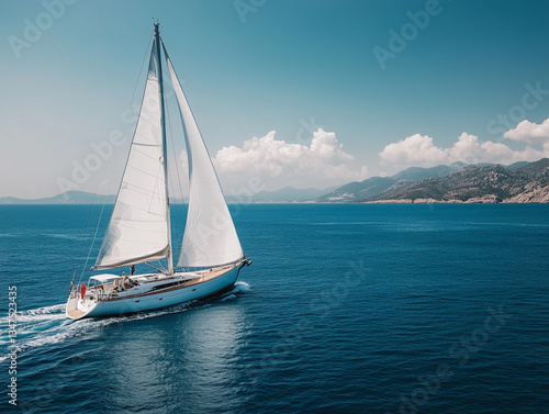 a yacht with big white sails on the high seas with a man on board