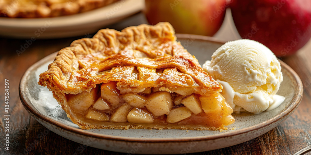 Homemade apple pie with a golden crust served on a plate with a scoop of vanilla ice cream on a wooden table Homemade apple pie with a golden crust served on a plate with a scoop of vanilla ice cream on a wooden table