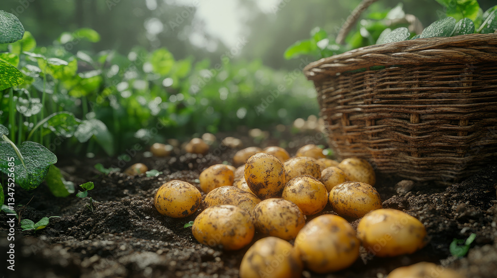 Freshly harvested potatoes in a field with a basket nearby. Freshly harvested potatoes in a field with a basket nearby.