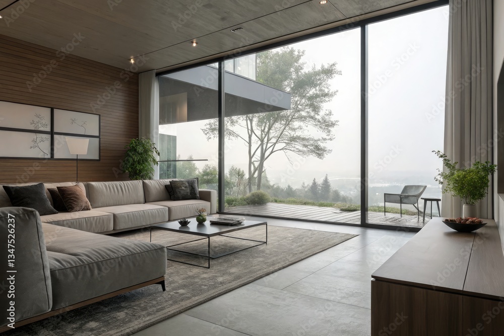 Fototapeta premium Modern Living Room With Panoramic View of Nature Generative AI