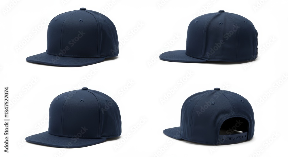 Isolated navy snapback baseball cap featuring multiple angled perspectives Isolated navy snapback baseball cap featuring multiple angled perspectives