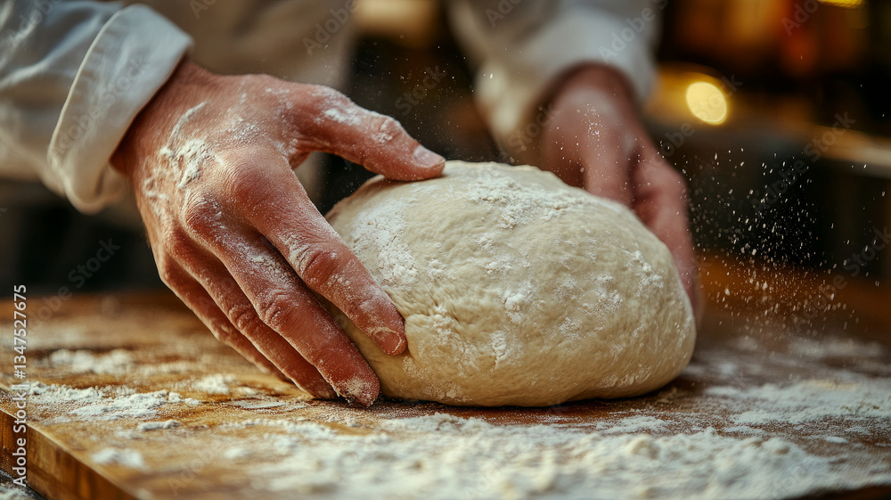 Hands kneading dough on a floured wooden surface. Hands kneading dough on a floured wooden surface.