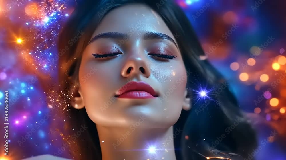 Ethereal portrait of a woman surrounded by cosmic colors and sparkles Ethereal portrait of a woman surrounded by cosmic colors and sparkles
