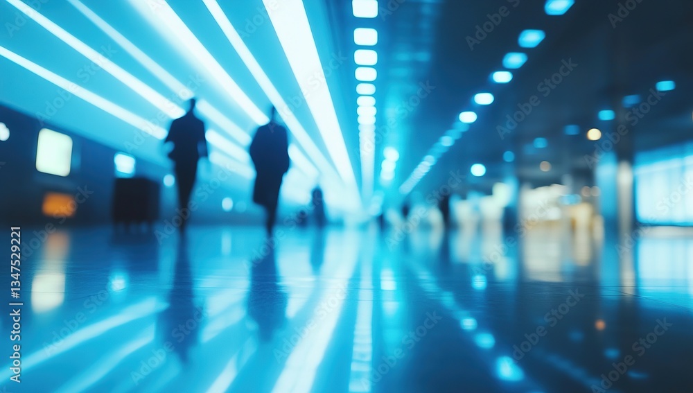 Blurred airport corridor with people walking and blue light reflections on the floor. Blurred airport corridor with people walking and blue light reflections on the floor.