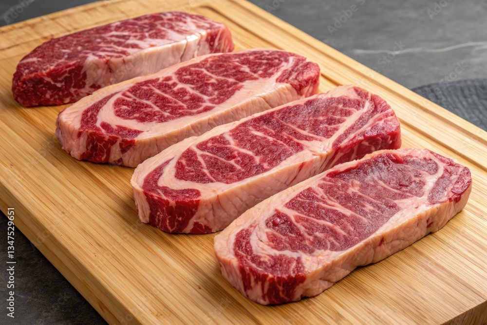 Fototapeta premium High-quality Cuts of Beef Resting on a Wooden Board Generative AI
