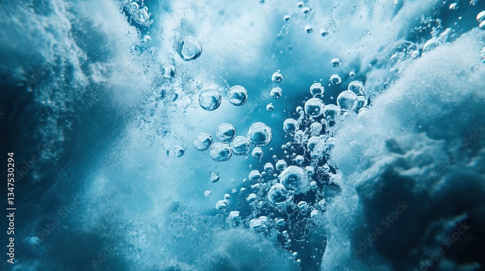 Underwater view with rising air bubbles in blue ocean scene Underwater view with rising air bubbles in blue ocean scene
