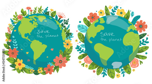 Green planet Earth in flat design on white background. Save the planet, save the earth, save the world. Vector illustration.