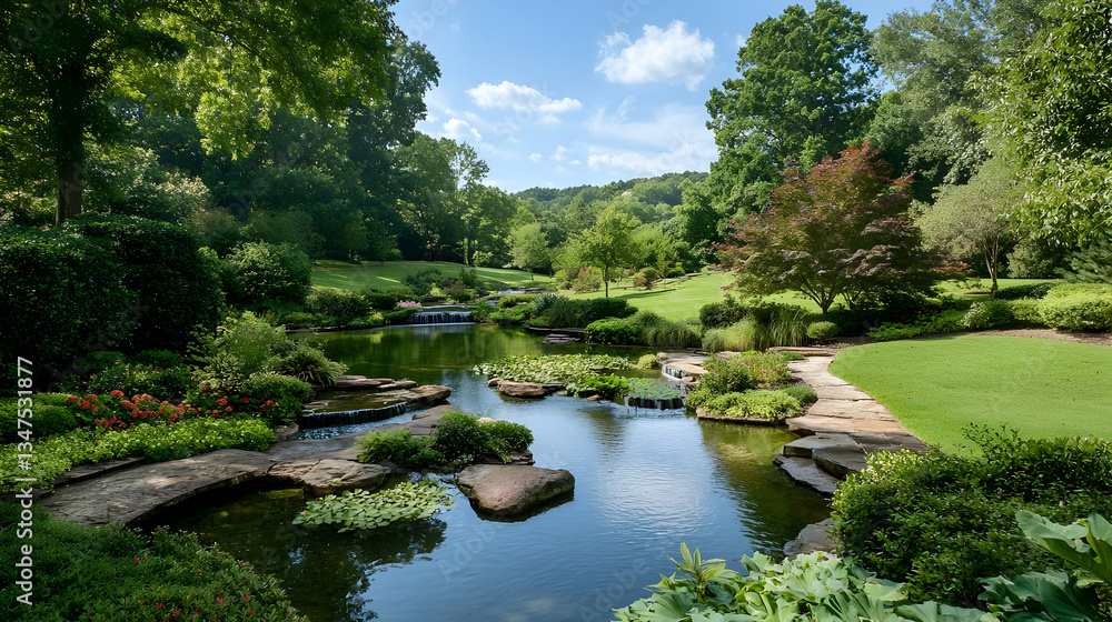 Lush Green Garden Landscape Featuring Pond Trees and Sunlight Reflection Creating Tranquil and Natural Environment Lush Green Garden Landscape Featuring Pond Trees and Sunlight Reflection Creating Tranquil and Natural Environment