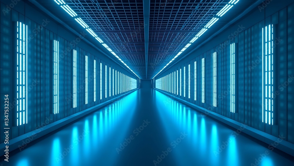 Fototapeta premium Futuristic Sci-Fi Corridor | Symmetrical High-Tech Hallway with Blue Neon Lights & Reflective Floor