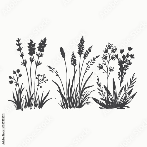 Set of hand drawn grass. Separate tufts of grass, compact lawns. Black silhouettes isolated on white background. Sketch vintage vector illustration