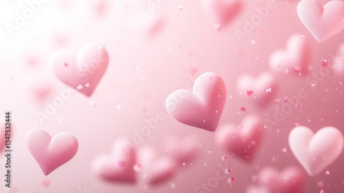 Floating pink hearts on soft pink background with falling petals