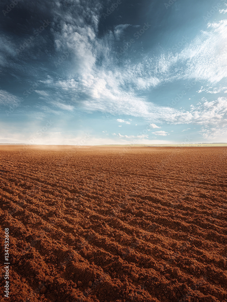 Fototapeta premium A vast plowed field under a cloudy blue sky.