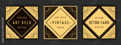 Art Deco square cards geometry collection. Vintage style frame set. Linear borders design with radiant corners. Retro geometric decoration. Black and yellowish colored EPS 10 vector backgrounds.