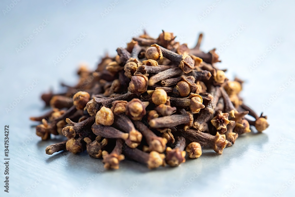 A close-up shot of dried cloves, the aromatic flower buds of the clove tree, piled together on a white background. A close-up shot of dried cloves, the aromatic flower buds of the clove tree, piled together on a white background.