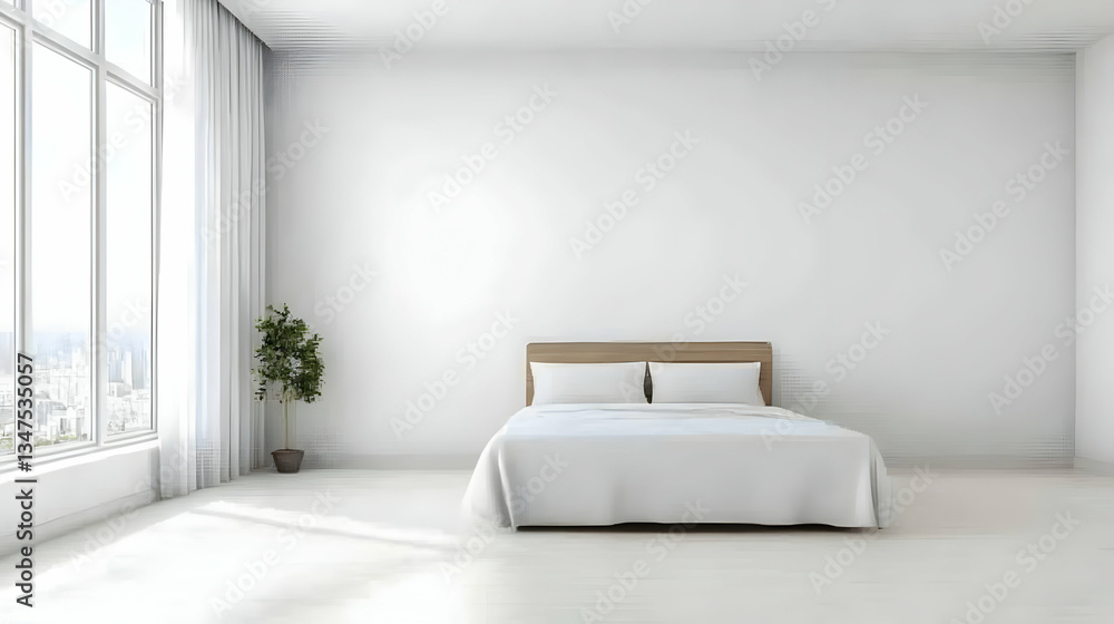 Modern Minimalist White Bedroom With City View Modern Minimalist White Bedroom With City View