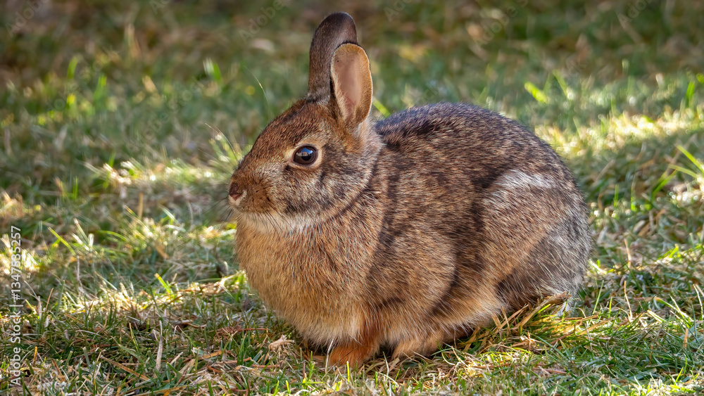 Fototapeta premium The wild bunny is enjoying a sunbathe under the sun after a long winter.