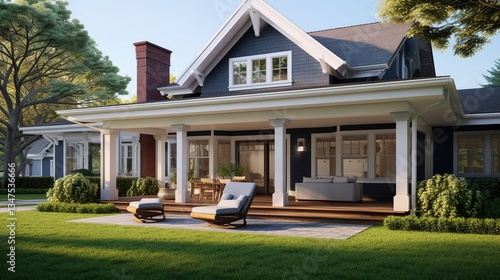 A photo of a home exterior with a covered porch.