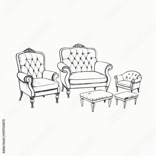 Vector set of vintage sofas. Drawing in the Doodle style. Retro sofas and daybeds isolated on a white background. Sketch Hand drawn single line art use for logo poster