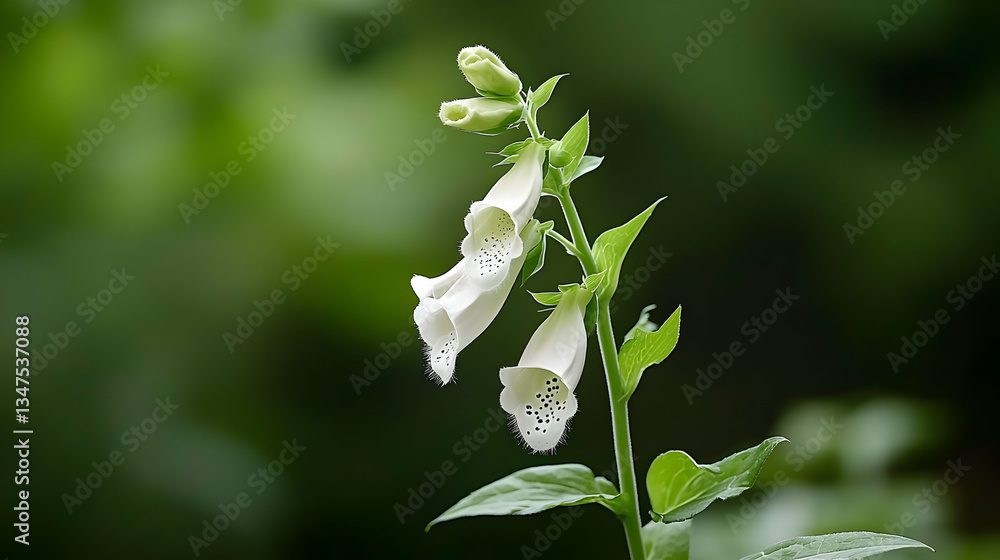 White Foxglove Flowers Blooming Against Green Foliage in a Nature Setting with Close Up Detail White Foxglove Flowers Blooming Against Green Foliage in a Nature Setting with Close Up Detail