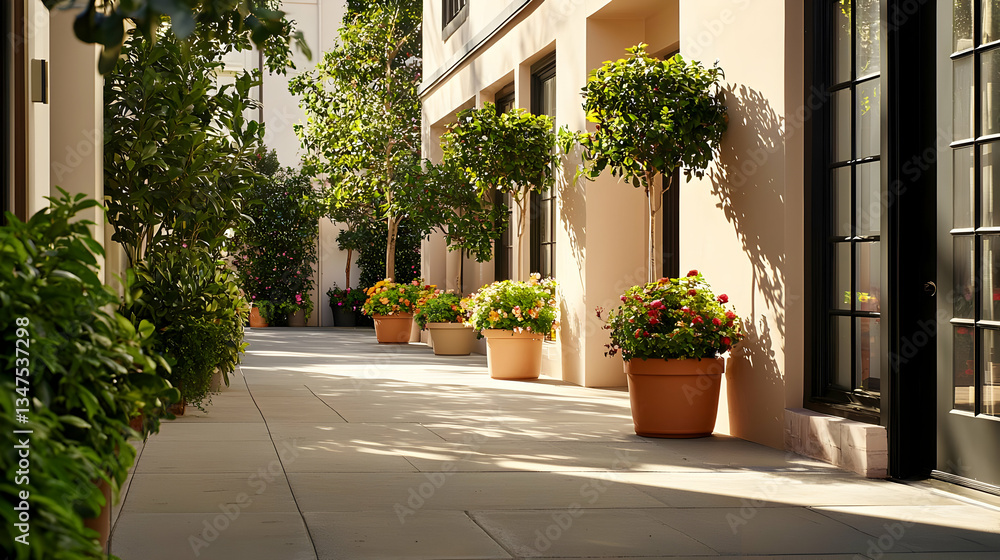 Sunlit Exterior Alleyway With Potted Plants Flowers and Trees along a Brick Building Wall Sunlit Exterior Alleyway With Potted Plants Flowers and Trees along a Brick Building Wall