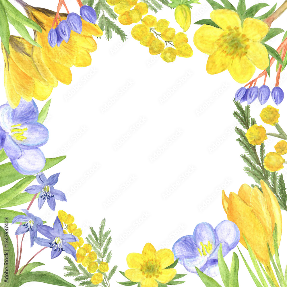Fototapeta premium Watercolor spring first flowers, hand-drawn illustration, frame of flowers