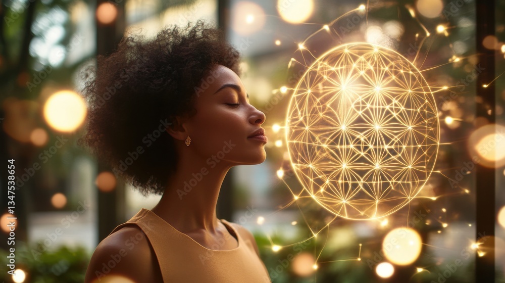 Fototapeta premium Glowing sacred geometric sphere featuring Flower of Life pattern floats above young woman