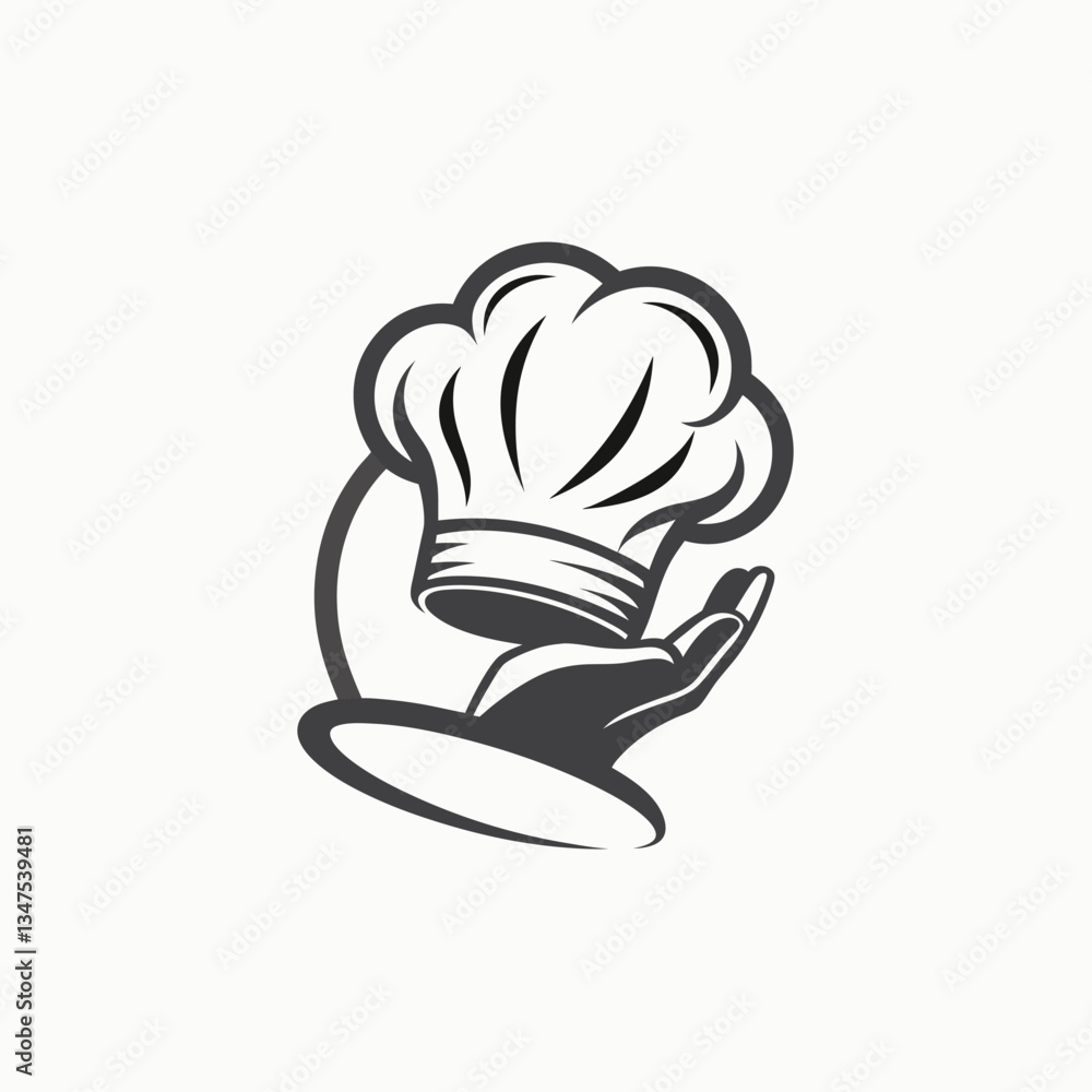 Black and white image in sketch style of a chef's hat and scarf for a chef. minimalist head logo, Icon, element. Vector illustration Black and white image in sketch style of a chef's hat and scarf for a chef. minimalist head logo, Icon, element. Vector illustration