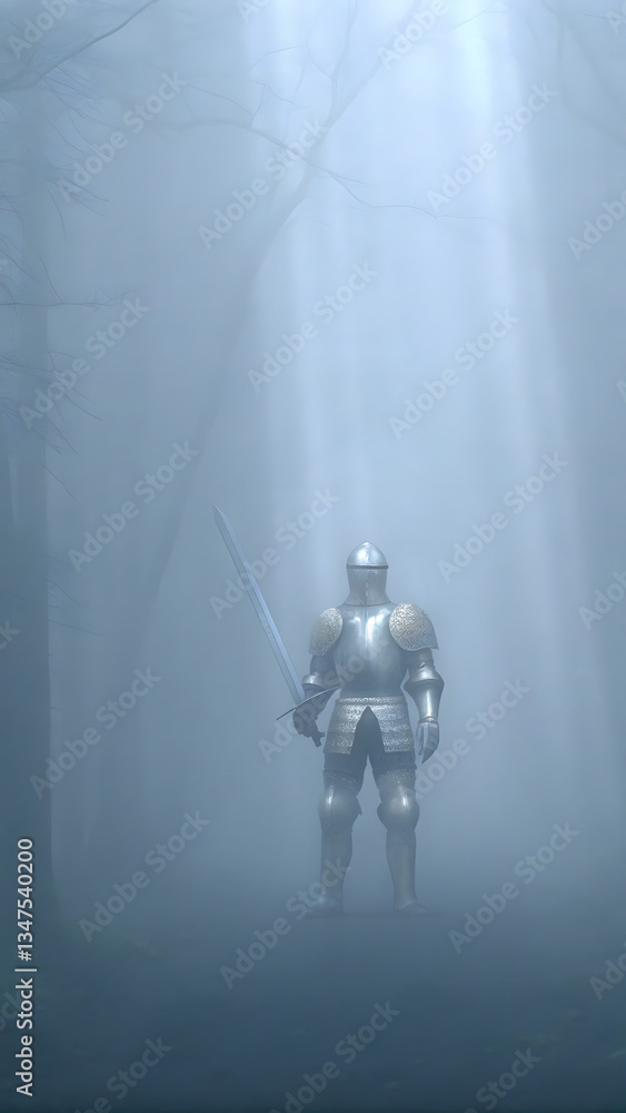 Fototapeta premium A lone medieval knight glowing silver armor st