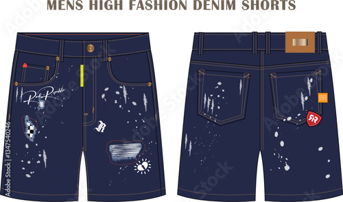Jean Shorts Flat Technical Drawing Illustration Five Pocket Classic Blank Streetwear Mock-up Template for Design and Tech Packs CAD Denim