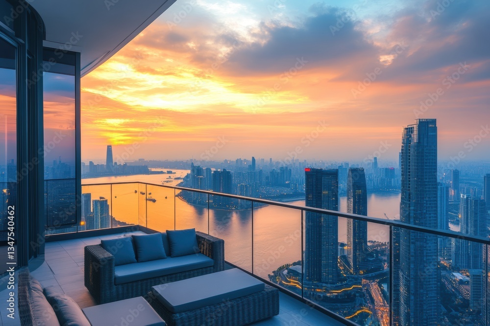 Naklejka premium Cityscape sunset view from a luxurious penthouse balcony, featuring comfortable outdoor furniture.