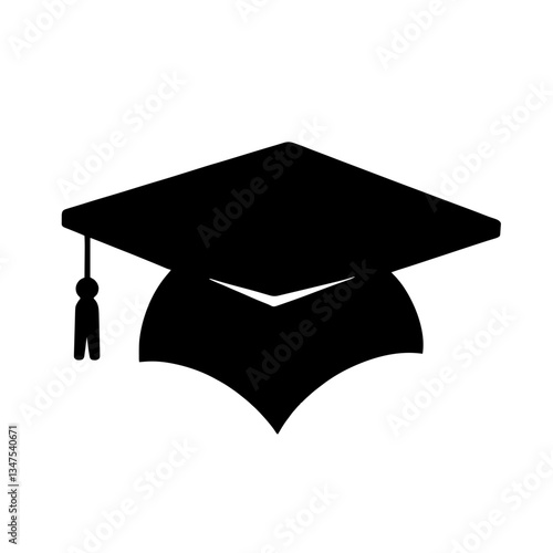 Minimalist black silhouette of a graduation cap with tassel in bold vector style