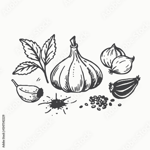 Black silhouette Garlic isolated on a white background. Seven isolated vector illustrations with fill and outline. Botanical technique.