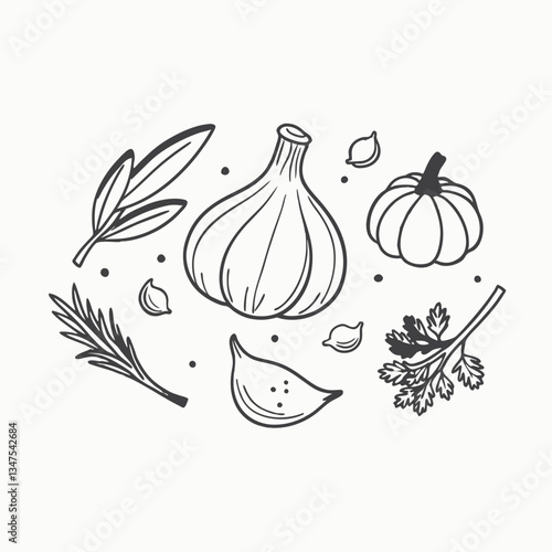 Garlic isolated on a white background. Set of garlic..  Hand drawn vector illustration in Doodle style