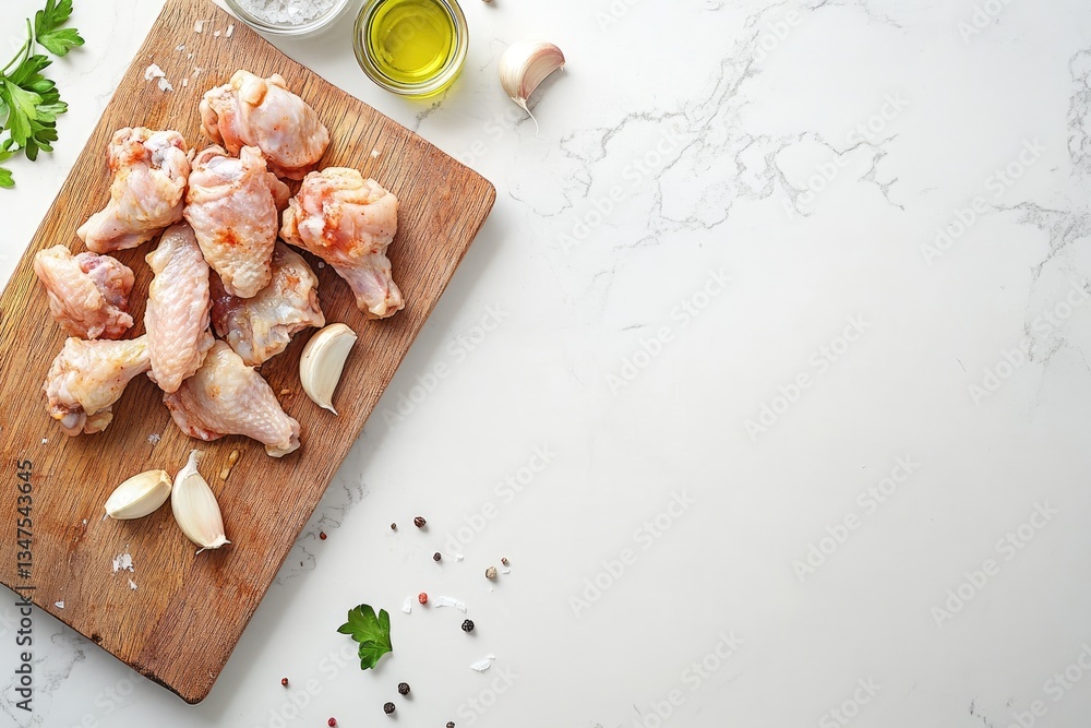 Raw chicken wings on wooden board with garlic, herbs, and spices. Raw chicken wings on wooden board with garlic, herbs, and spices.