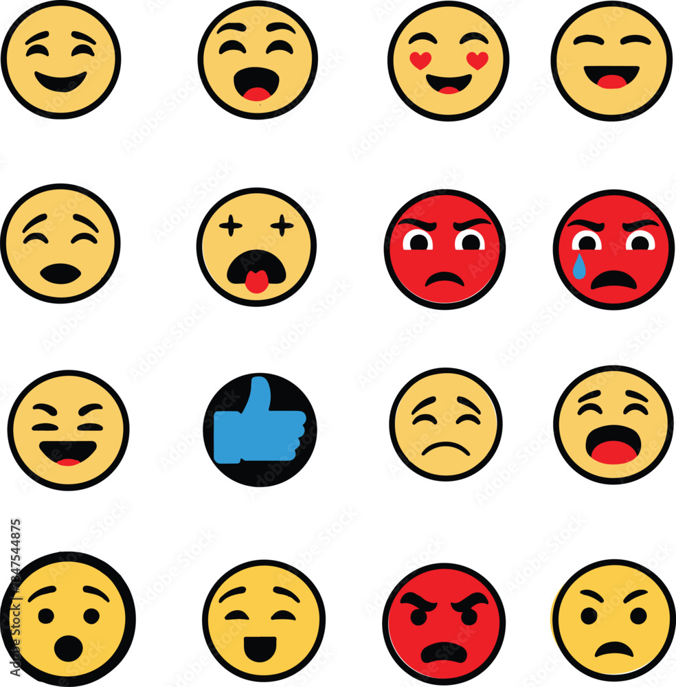 Fototapeta premium Mixed emoji vector icon set. Colorful emoticons with happy, smiley, sad, angry and love reactions. Social media icons pack